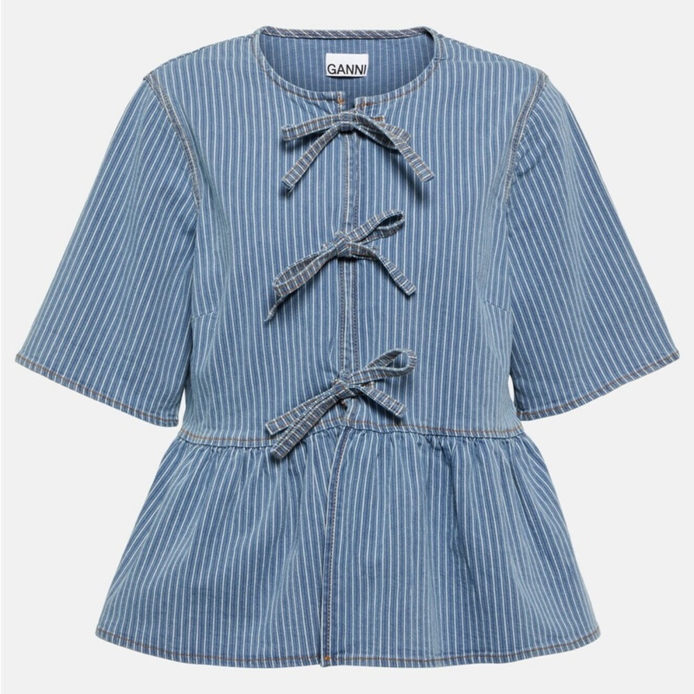 NWT GANNI Light Stripe Denim Peplum Blouse Plus Size 22